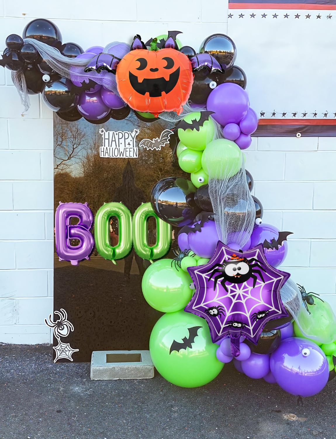 Adeyoo Halloween Balloon Garland Arch Kit - Purple Green Black Balloons with Boo, Bat Foil Balloons Spooky Eyeball Latex Balloon for Halloween Birthday Party Decorations, Indoor Outdoor