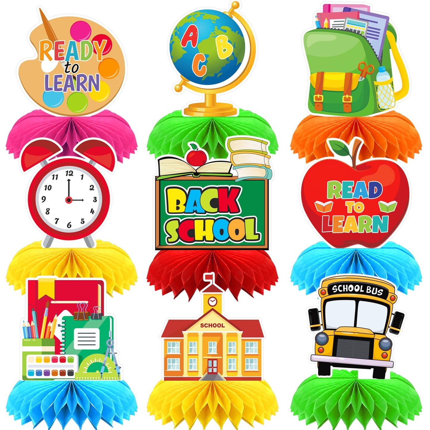 Adeyoo Back to School Table Decorations - 9 Pcs Welcome Back to School centerpieces for tables Bus Stationery Chalkboard Honeycomb Centerpiece Table Toppers for Teachers Students Classroom Supplies