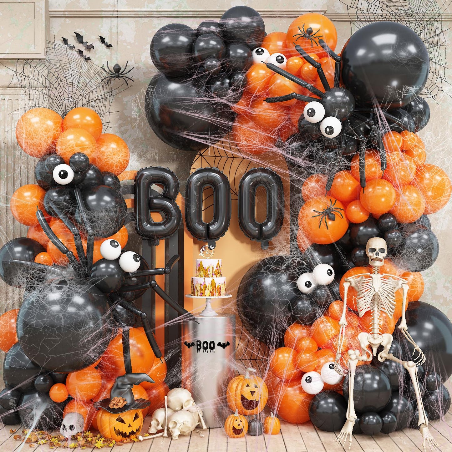 Adeyoo Halloween Balloon Garland Arch Kit - Black and Orange Balloon Arch Kit 132 Pcs Orange Black Balloons with Spooky Eyeball, Boo Balloons for Halloween Day Party Decorations, Indoor/Outdoor