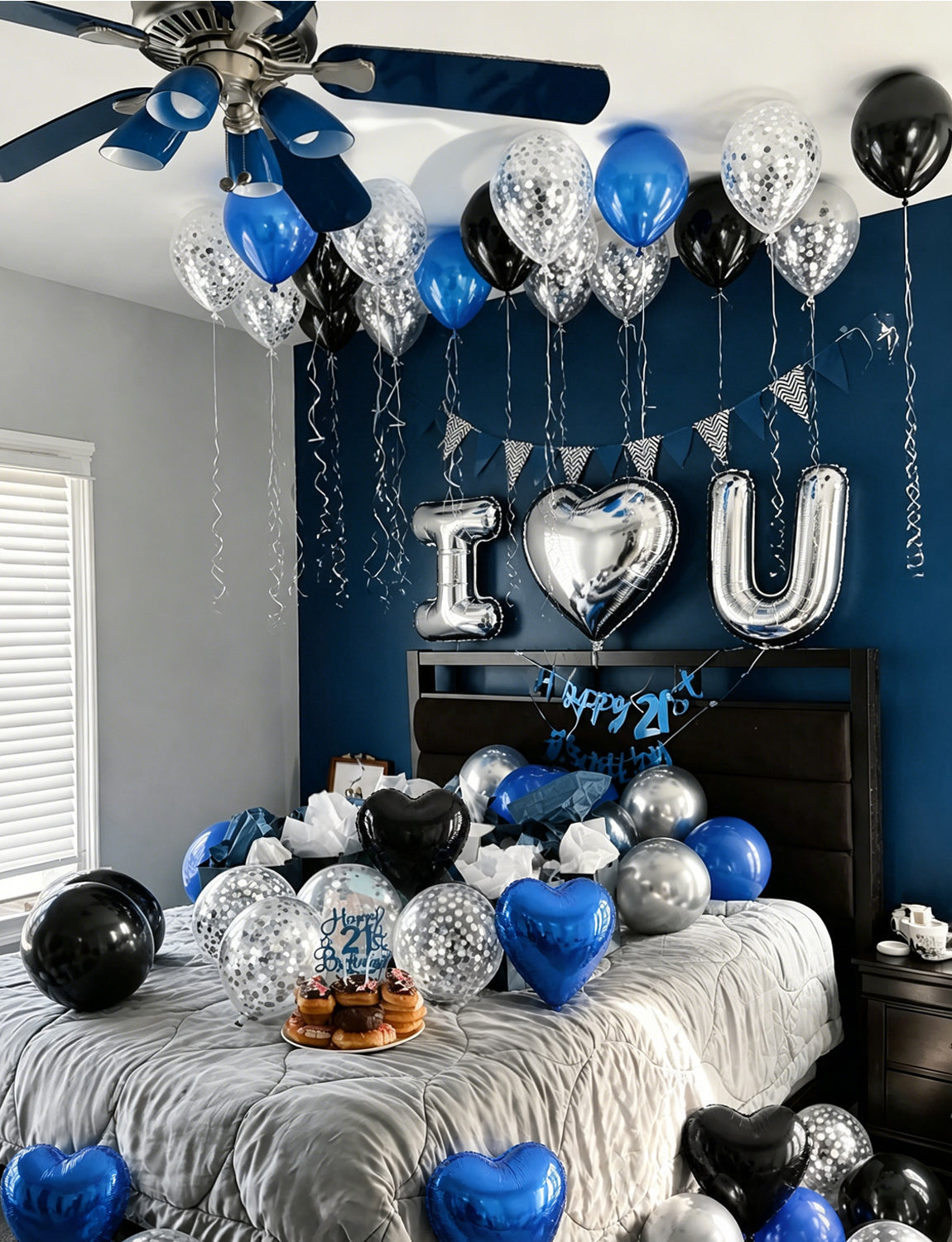 Blue and Black Proposal Decorations Kit - I Love You Balloons with Blue Black Silver Latex Confetti Balloons Heart Foil Balloons, 600Pcs Rose Petals Romantic Decoration Kit for Him/Her
