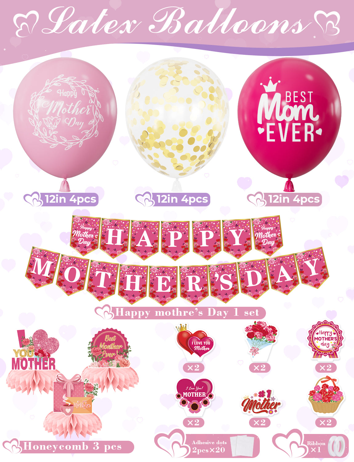 Adeyoo Mothers Day Decorations - Mothers Day Balloons with Happy Mother Day Cake Toppers Happy Mothers Day Banner Bunting and Mother's Day Table Decorations, Best Mum Gifts for Mother's Day