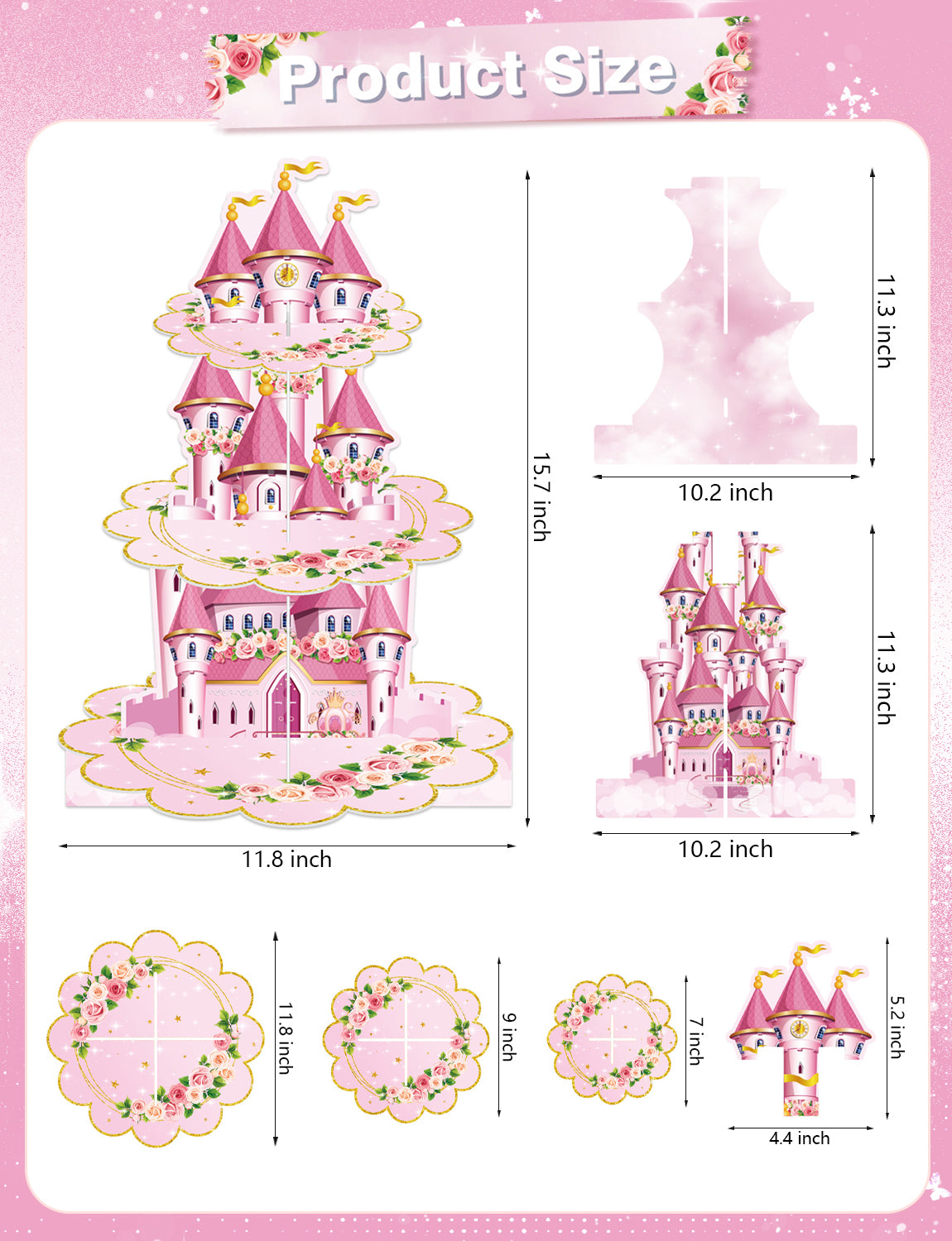 3 Tier Princess Cupcake Stand Floral Castle Cupcake Holder for Girls Pink Cardboard Cupcake Stand for Dessert Table Display, Princess Decor for Birthday Baby Shower Fairy Party Decorations