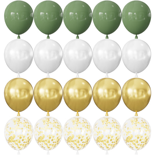 Adeyoo Sage Green Balloons - 50 Pcs 12 Inch Green and Gold Balloons, Sage Balloon with Gold and White Latex Confetti Balloon for Birthday Baby Shower Football Jungle Safari Theme Party Decorations