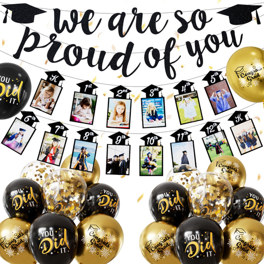 Graduation Party Decorations, Photo Banner with “We Are So Proud of You” Banner & Black Gold Graduation Balloons, Class of 2026 Grad Party Supplies for High School & College