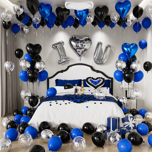 Blue and Black Proposal Decorations Kit - I Love You Balloons with Blue Black Silver Latex Confetti Balloons Heart Foil Balloons, 600Pcs Rose Petals Romantic Decoration Kit for Him/Her