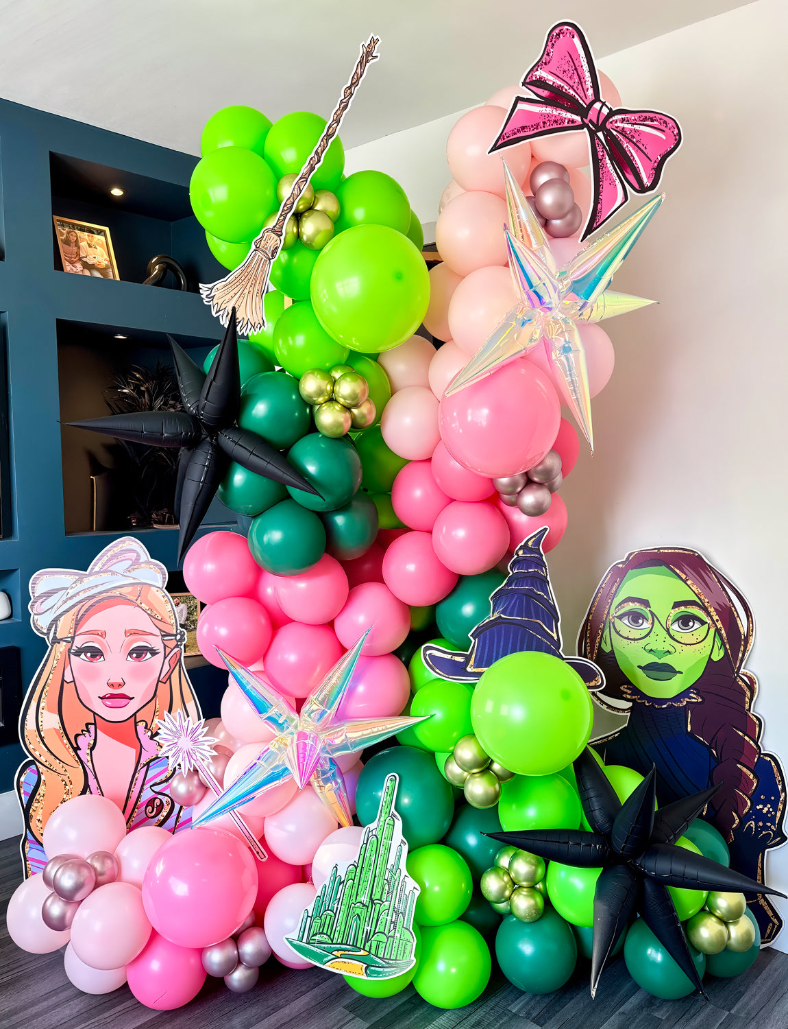 Pink and Green Balloons Arch Kit - Witch Balloon Arch Kit, Multi-Size Pink and Green Balloons with Foil Fringe Curtains Witch Hat Crown Explosion Star Broom Balloon for Birthday Party Decor