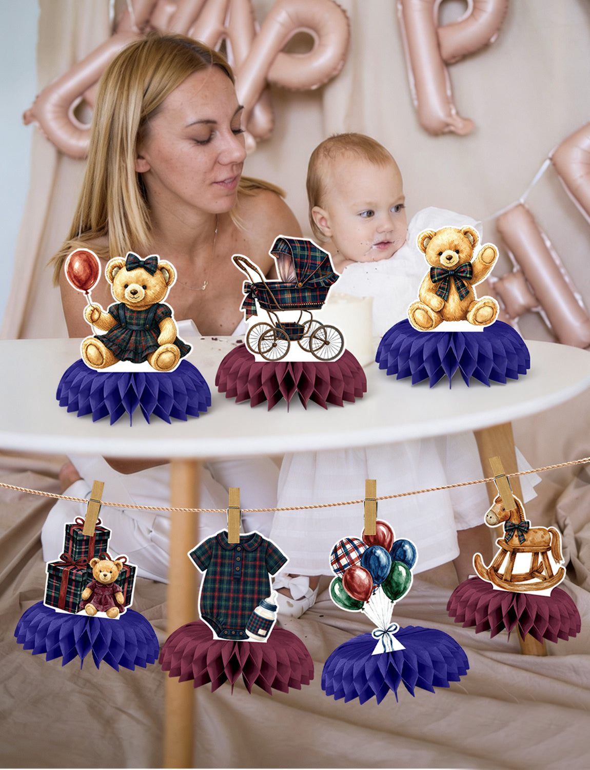 Teddy Bear Baby Shower Table Decorations, Tartan Plaid Centerpieces 9 Pcs Teddy Bear Centerpieces for Tables, 3D Rocking Horse Honeycomb Centerpieces for Baby Girl Shower, Gender Reveal Party