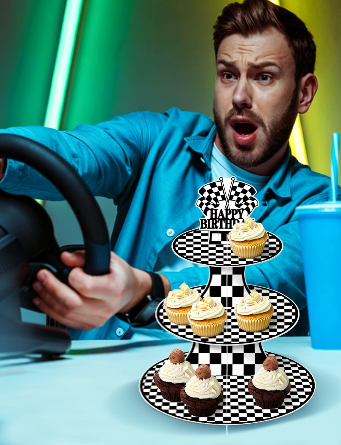 3 Tier Race Car Cupcake Stand for Car Themed Birthday Decorations Racing Cupcake Holder, Black White Cardboard Cupcake Stand with "Happy Birthday" , Race Car Birthday Decorations