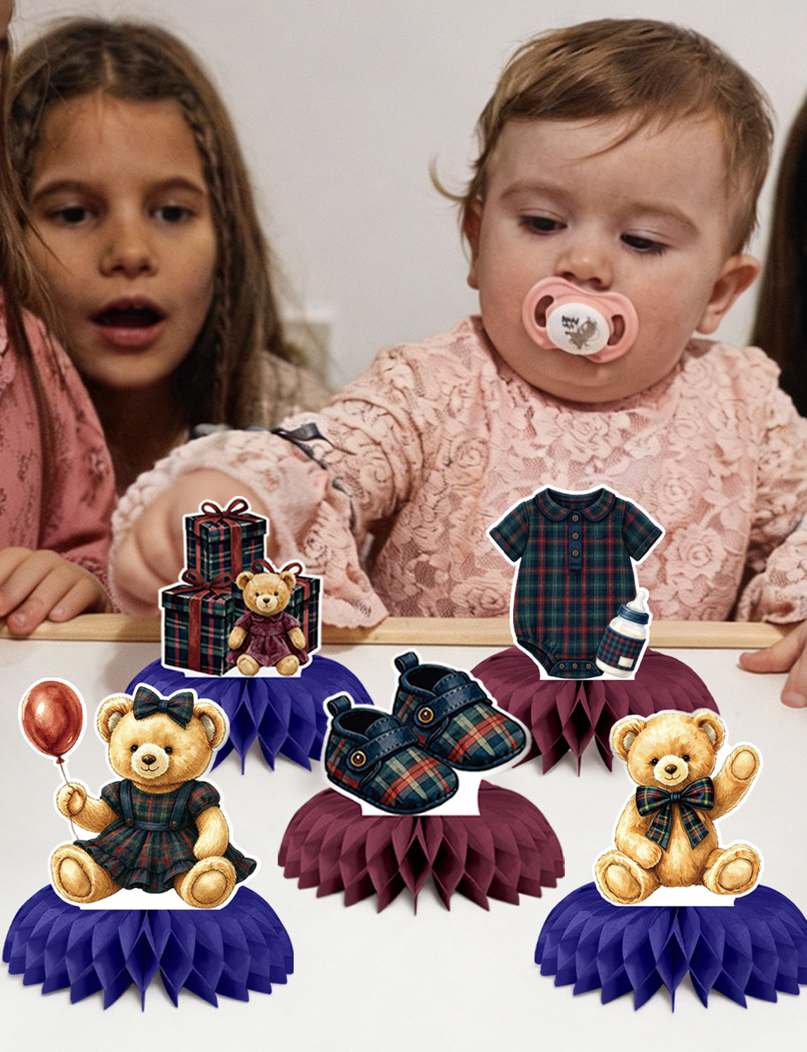 Teddy Bear Baby Shower Table Decorations, Tartan Plaid Centerpieces 9 Pcs Teddy Bear Centerpieces for Tables, 3D Rocking Horse Honeycomb Centerpieces for Baby Girl Shower, Gender Reveal Party