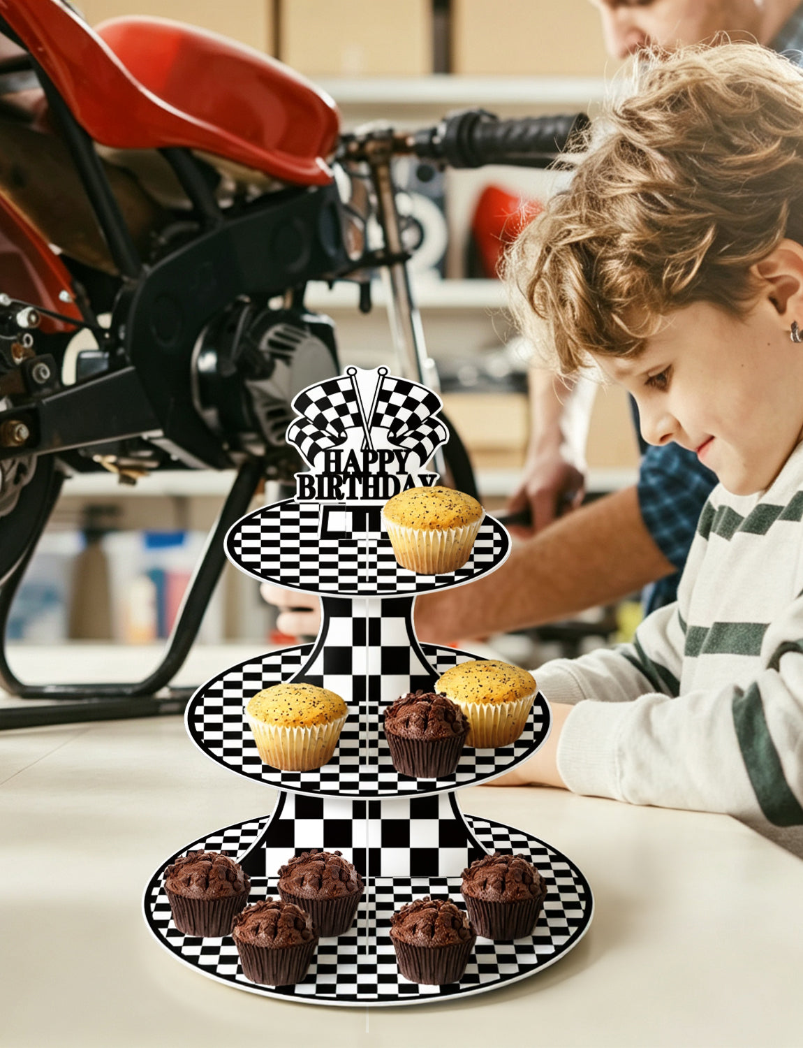 3 Tier Race Car Cupcake Stand for Car Themed Birthday Decorations Racing Cupcake Holder, Black White Cardboard Cupcake Stand with "Happy Birthday" , Race Car Birthday Decorations