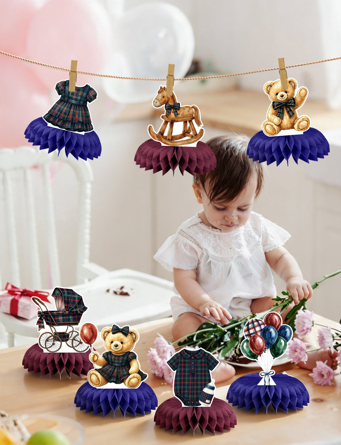 Teddy Bear Baby Shower Table Decorations, Tartan Plaid Centerpieces 9 Pcs Teddy Bear Centerpieces for Tables, 3D Rocking Horse Honeycomb Centerpieces for Baby Girl Shower, Gender Reveal Party