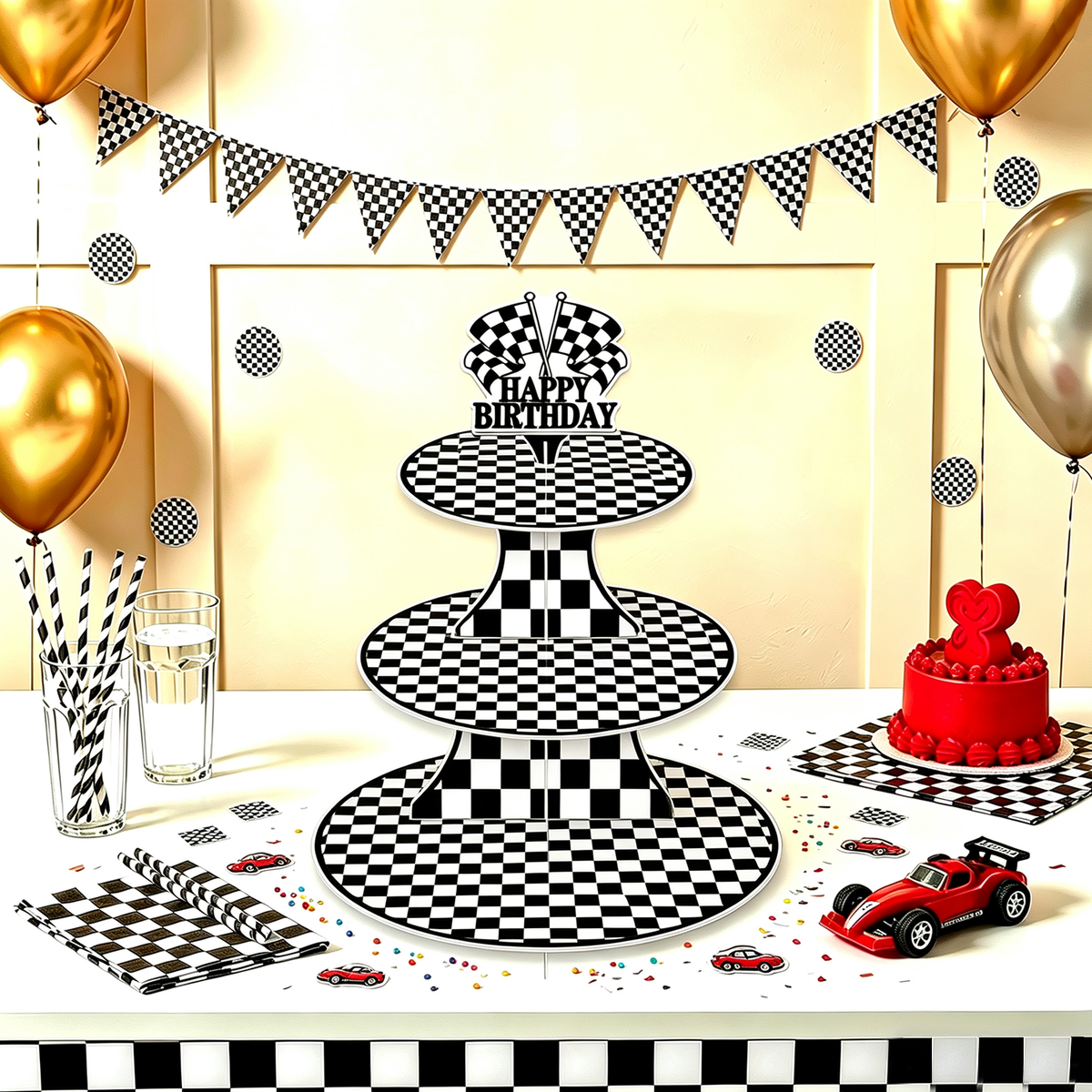 3 Tier Race Car Cupcake Stand for Car Themed Birthday Decorations Racing Cupcake Holder, Black White Cardboard Cupcake Stand with "Happy Birthday" , Race Car Birthday Decorations