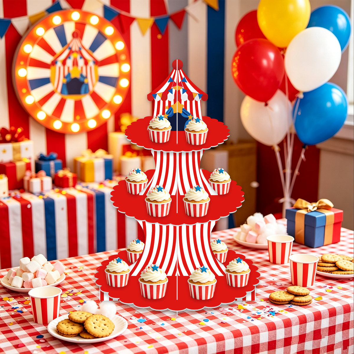 3 Tier Circus Carnival Cupcake Stand, Circus Tent Cupcake Holder Red and White Striped Cardboard Cupcake Stand, Carnival Decorations for Birthday Baby Shower Circus Party Decorations