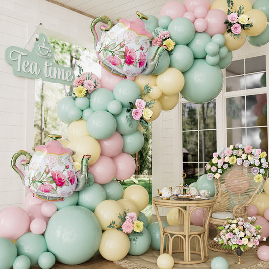Tea Party Decorations - 144 Pcs Tea Party Balloon Arch Kit Garland Bright Pink Green Yellow Balloons Arch Kit with Large Teapot Foil Balloons for Let's Par Tea Birthday Spring Party Decorations