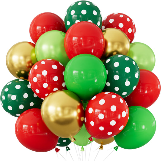Christmas Balloons - Red Green Gold Polka Dot Balloons for Christmas 50 Pcs 12 Inch Christmas Balloons, Red Green Gold Balloons with Polka Dot Balloon for Xmas Christmas Party Decorations