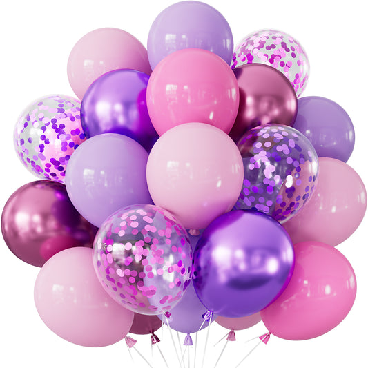 Adeyoo Pink and Purple Balloons - Lilac and Pink Balloons with Purple Latex Confetti Balloon Glitter Metallic Party Balloon for Girls Princess Birthday Mothers Day Baby Shower Wedding Party Decoration