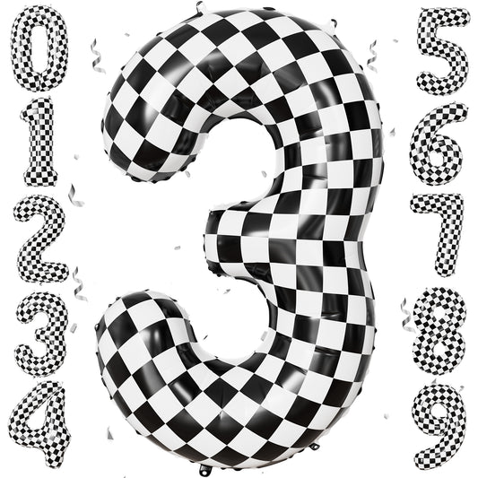 40 Inch Checkered Number 3 Balloon for Racing Birthday Decorations Large Number 3 Balloon, Black and White Foil Balloon for Birthday, Baby Shower, Race Car and Checkered Flag Party Decorations