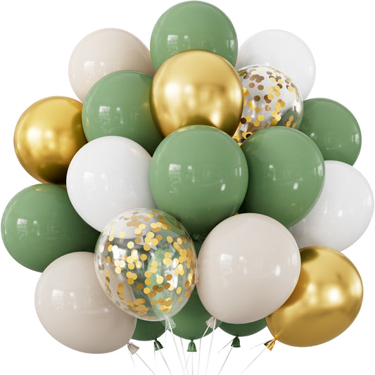 Sage Green and Gold Balloons, 12 Inch Sage Green White Gold Balloons 50 Pcs Sage Green and White Balloons, Cream Balloons, Gold Confetti Balloon for Birthday Jungle Theme Baby Shower Party Decor