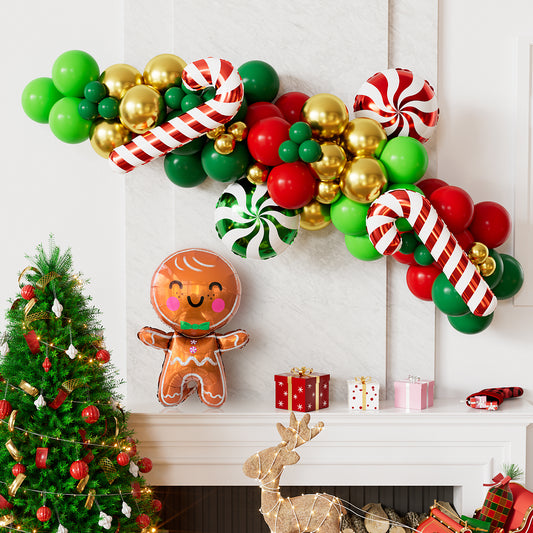 Adeyoo Christmas Balloon Arch Kit Garland - Xmas Balloons Arch with Gingerbread Man Candy Cane Foil Balloon, Red Green Gold Balloons for Xmas Party Supplies, Christmas Party Decorations
