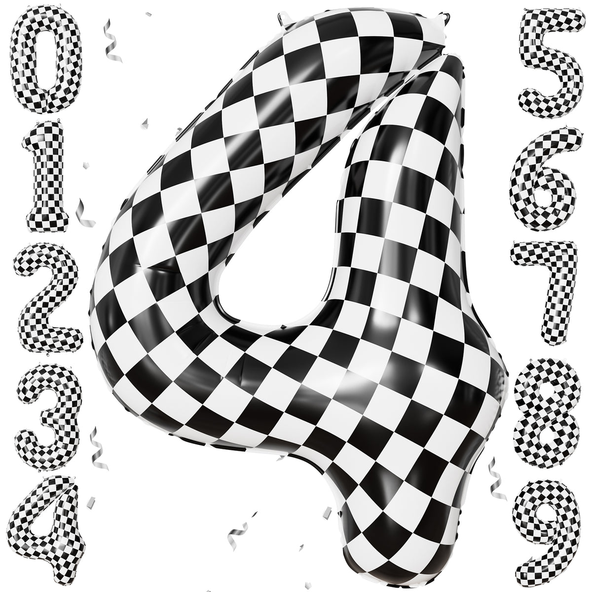 40 Inch Checkered Number 4 Balloon for Racing Birthday Decorations Large Number 4 Balloon, Black and White Foil Balloon for Birthday, Baby Shower, Race Car and Checkered Flag Party Decorations