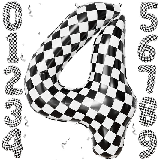 40 Inch Checkered Number 4 Balloon for Racing Birthday Decorations Large Number 4 Balloon, Black and White Foil Balloon for Birthday, Baby Shower, Race Car and Checkered Flag Party Decorations