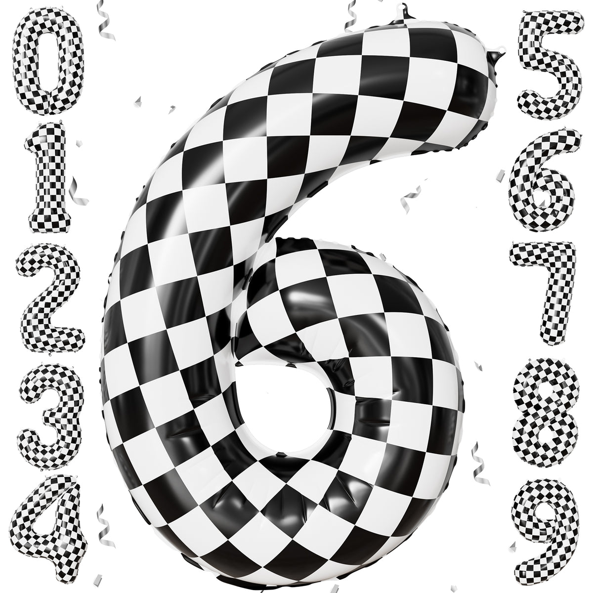 40 Inch Checkered Number 6 Balloon for Racing Birthday Decorations Large Number 6 Balloon, Black and White Foil Balloon for Birthday, Baby Shower, Race Car and Checkered Flag Party Decorations