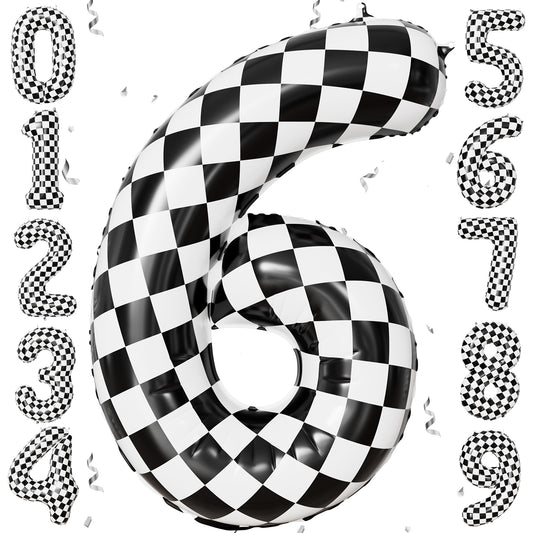 40 Inch Checkered Number 6 Balloon for Racing Birthday Decorations Large Number 6 Balloon, Black and White Foil Balloon for Birthday, Baby Shower, Race Car and Checkered Flag Party Decorations
