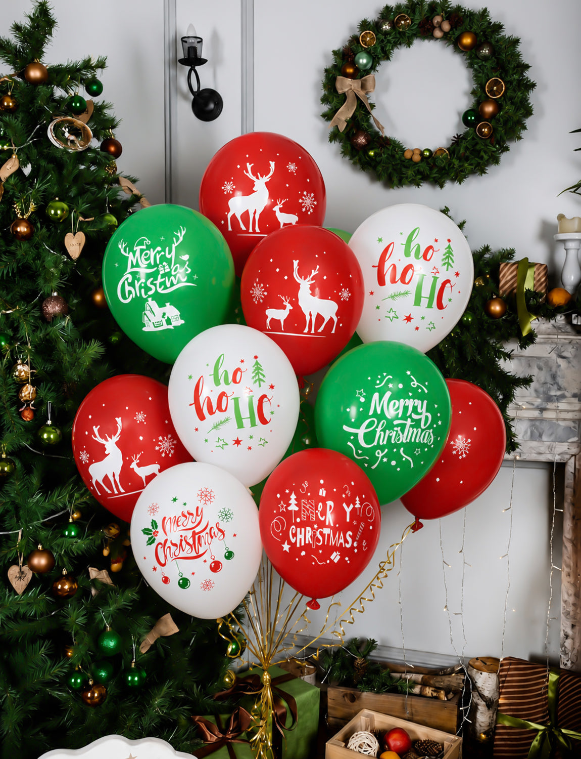 Christmas Balloons, 50 Pcs 12 Inch Red Green Christmas Print Balloon 6 Styles Christmas Latex Balloons, Red Green White Balloons, Christmas Decorations for Xmas Winter Wonderland Holiday Parties