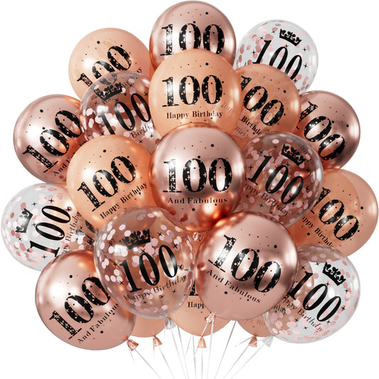Adeyoo Rose Gold Birthday Balloons Decorations - 24 Pcs 100th Birthday Balloons for Women, Pearl Metallic Rose Gold Balloon, Glitter Confetti Balloon for 100 Years Old Hbd Anniversary Party Decoration