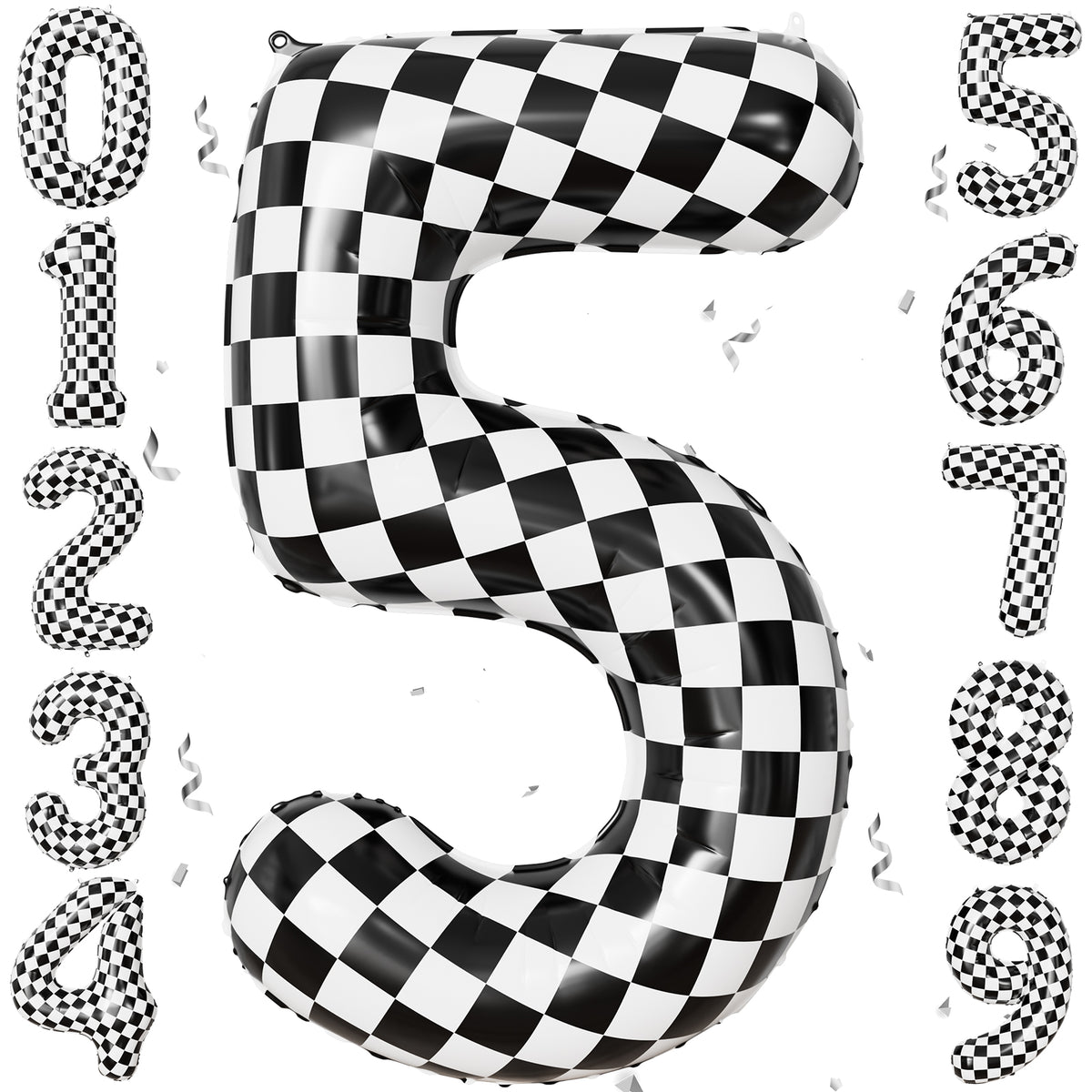 40 Inch Checkered Number 5 Balloon for Racing Birthday Decorations Large Number 5 Balloon, Black and White Foil Balloon for Birthday, Baby Shower, Race Car and Checkered Flag Party Decorations