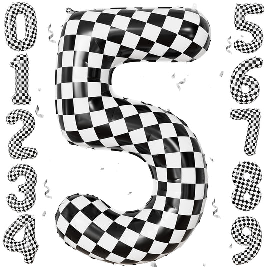 40 Inch Checkered Number 5 Balloon for Racing Birthday Decorations Large Number 5 Balloon, Black and White Foil Balloon for Birthday, Baby Shower, Race Car and Checkered Flag Party Decorations