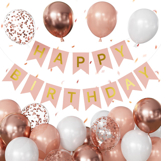 Rose Gold Birthday Decorations - Happy Birthday Banners with 12 Inch Rose Gold Latex Confetti Balloons Reusable Bunting Banner for Girls Women Pet Happy Birth Party Decorations