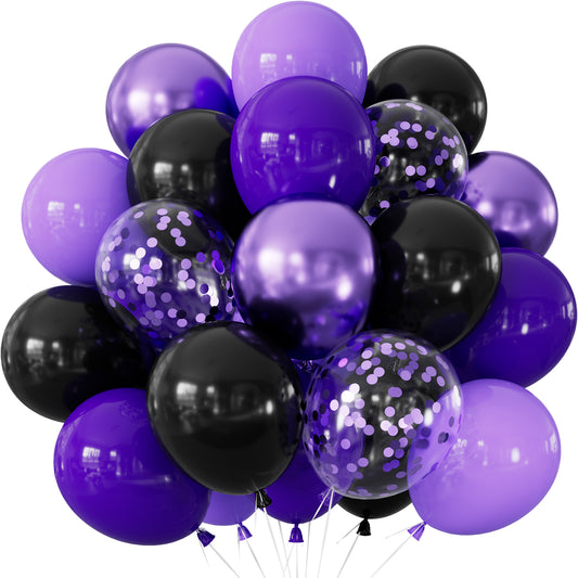 Purple and Black Balloons, 50 Pcs Mixed Purple Latex Balloon,12 Inch Purple Confetti Balloons, Metallic Purple Balloons for Women Birthday Halloween Baby Shower Bridal Wedding Party Decorations