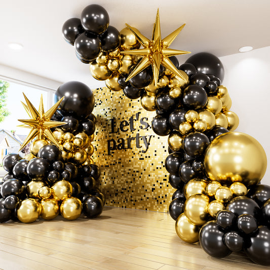 Adeyoo Black and Gold Balloon Arch Garland Kit - Black and Gold Balloons with Explosion Star Foil Balloon 18/10/5Inch Glitter Latex Balloons for Birthday Retirement Wedding Prom Party Decorations