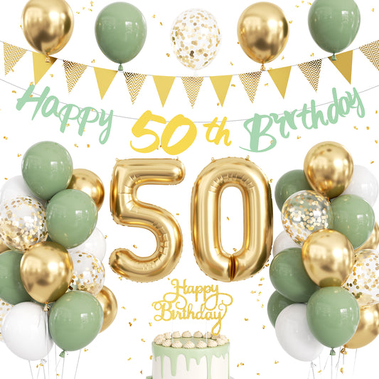 50th Birthday Decorations with 50th Birthday Banner for Women Men Sage Green Gold White Balloons, Number 50 Foil Balloon, Gold Bunting, Cake Topper for 50th Anniversary Birthday Party Decor