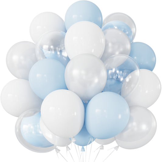 Pastel Blue and White Balloons, 50PCS Baby Blue, Pearl White & Clear Latex Balloons for Baby Shower, Birthday & Bridal Shower Party Decorations, Photo Backdrop