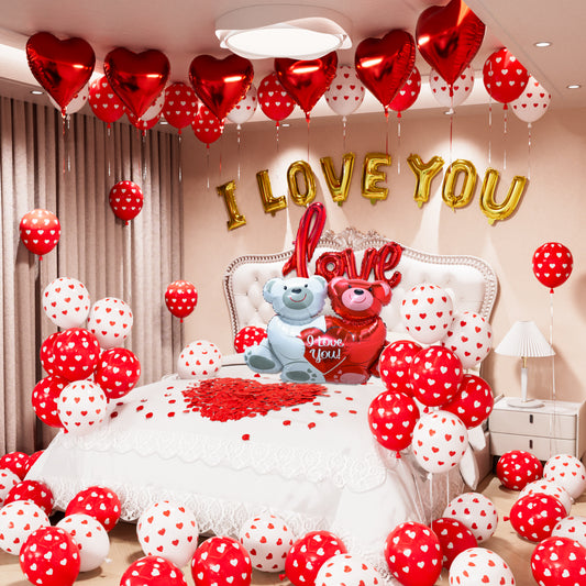 Adeyoo Valentines Day Balloons Decorations - I Love You and Heart Balloons with Love Bear Foil Balloon, Romantic 1000PCS Rose Petals for Valentines Anniversary Romantic Proposal Wedding Party Supplies