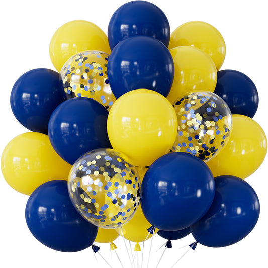 Adeyoo Blue and Yellow Balloons - Navy Blue Balloons 12 Inch Yellow Latex Balloon Glitter Confetti Balloon for Birthday Baby Shower Graduation Wedding Party Decorations, Photo Backdrop, 50 PCS