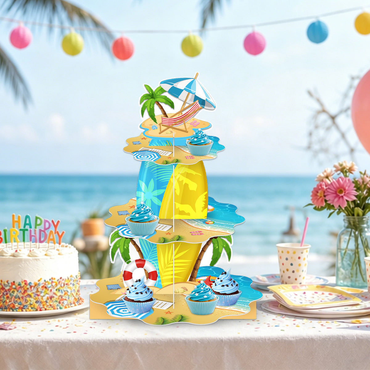 3 Tier Summer Beach Cupcake Stand, Pool Cupcake Holder Cardboard Cupcake Stand for Dessert Table Displays, Hawaiian Party Decorations for Summer Beach Tropical Pool Birthday