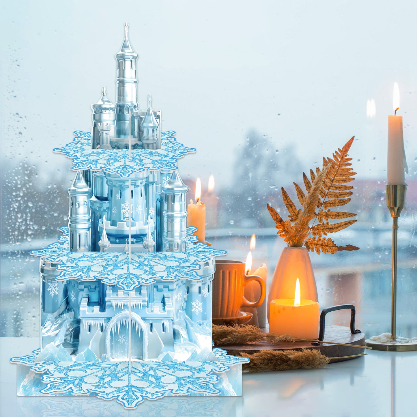 3 Tier Snowflake Cupcake Stand, Winter Wonderland Cupcake Holder Snowflake Cardboard Cupcake Stand, Blue Ice Castle Cup Cake Stand for Dessert Table Display, Winter Princess Birthday Party