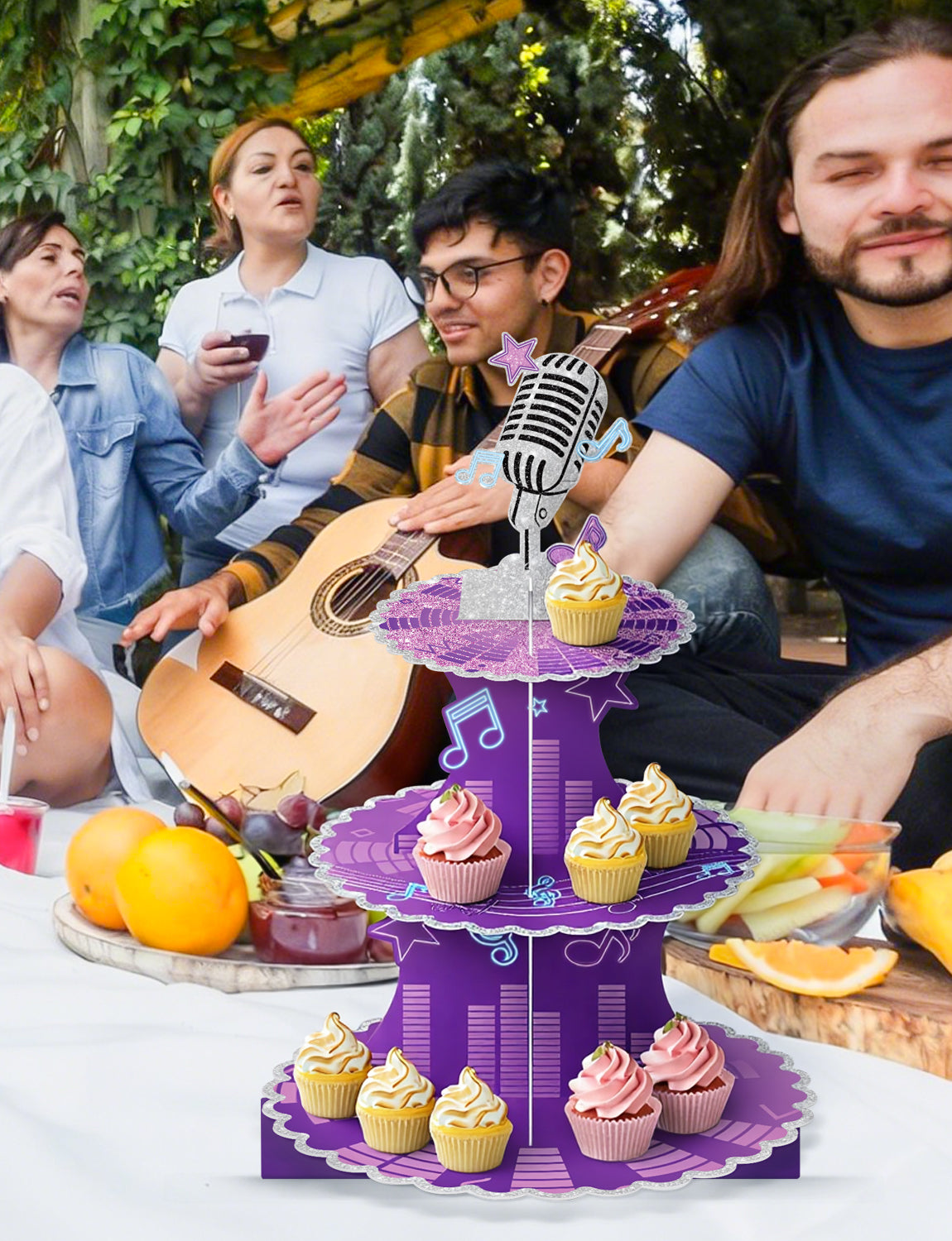 3 Tier Music Cupcake Stand, Purple Cupcake Holder for Music Party Microphone Cardboard Cup Cake Stand for Dessert Table Displays, Music Birthday Decorations for Birthday Wedding Party