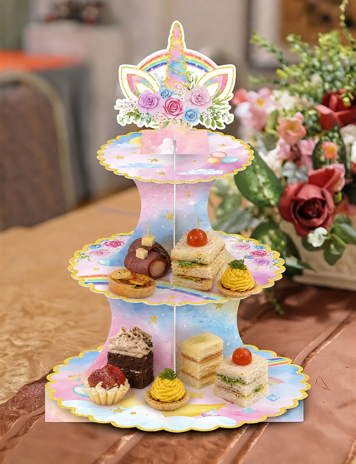 3 Tier Rainbow Cupcake Stand, Pastel Cake Stand for Rainbow Decor Pink Blue Cardboard Cupcake Holder for Dessert Table Display, Rainbow Birthday Decorations for Girls' Magical Floral Party
