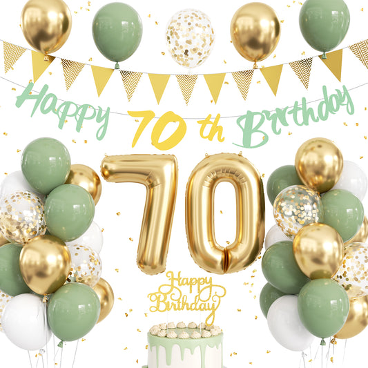 70th Birthday Decorations with 70th Birthday Banner for Women Men Sage Green Gold White Balloons, Number 70 Foil Balloon, Gold Bunting, Cake Topper for 50th Anniversary Birthday Party Decor