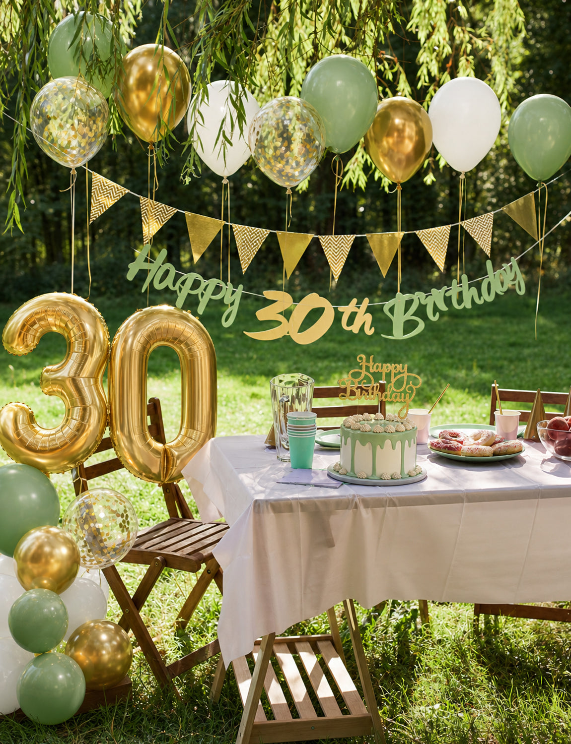 30th Birthday Decorations with 30th Birthday Banner for Women Men Sage Green Gold White Balloons, Number 30 Foil Balloon, Gold Bunting, Cake Topper for 30th Anniversary Birthday Party Decor