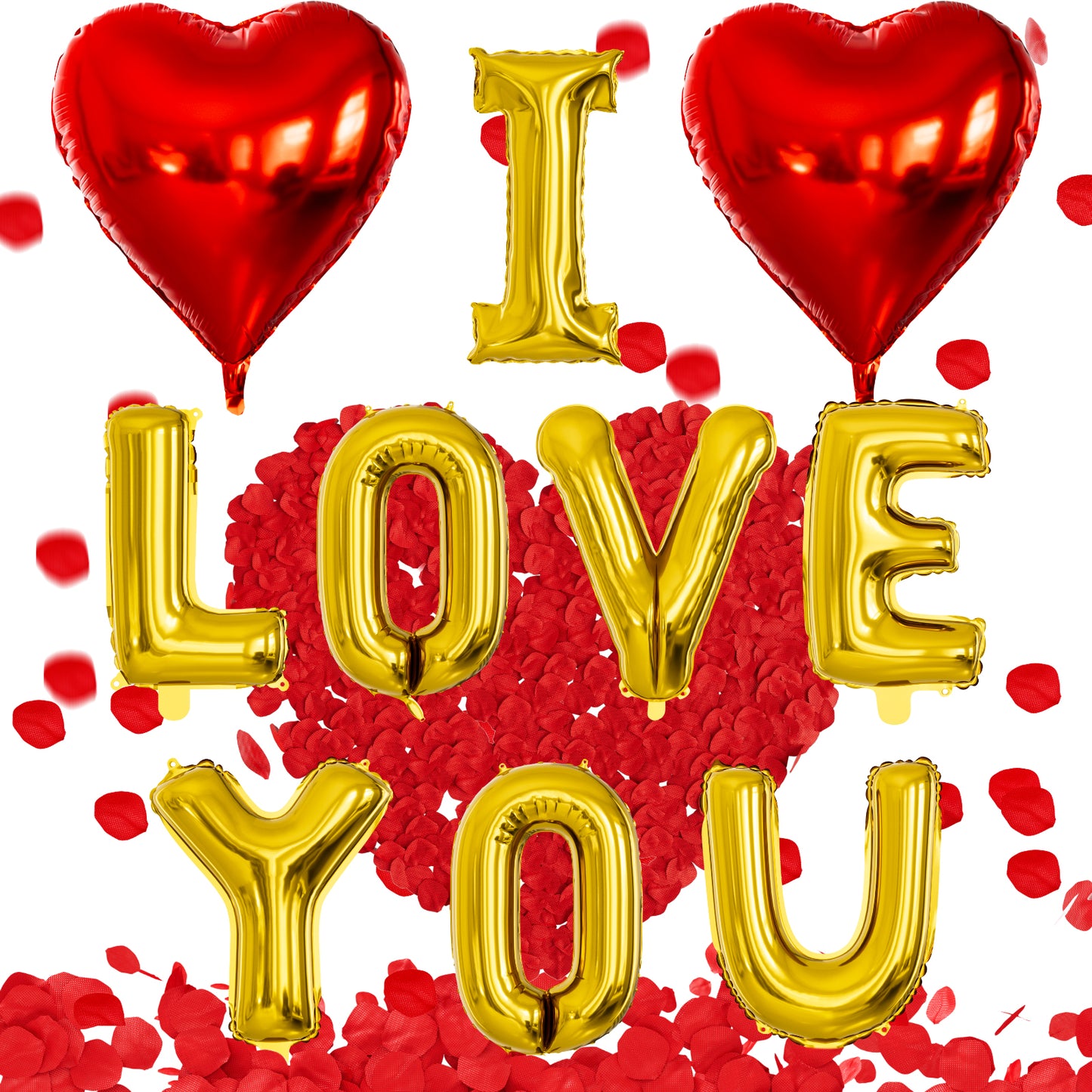 Adeyoo Gold I Love You Balloons Decorations - Red Heart Foil Balloons with Rose Petals, 18 Inch Valentines Balloon for Romantic Valentines Wedding Anniversary Proposal Engagement Party Decorations