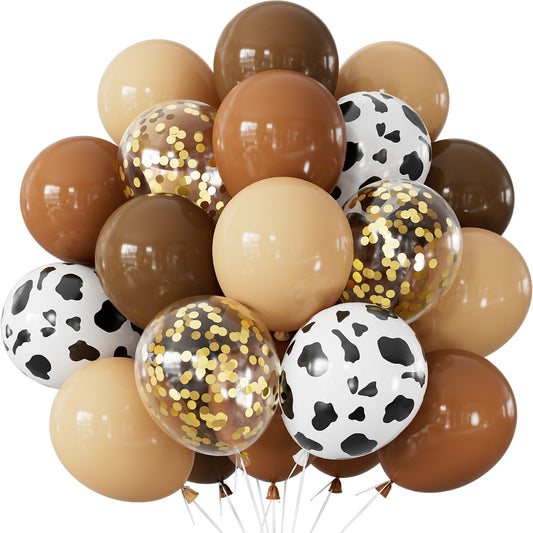 Adeyoo Blush Brown Balloons - 12 Inch Cowboy Balloons with Cow Print Balloon, Tan Coffee Brown Nude Gold Confetti Latex Balloon for Cowboy Cowgirl Birthday Farm Theme Party Decorations