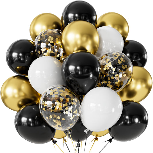 Adeyoo Black and Gold Balloons - 12 Inch Congratulations Balloons with Black Gold White Latex Balloon Glitter Confetti Balloon for Congratulations Birthday Wedding Retirement Party Decorations
