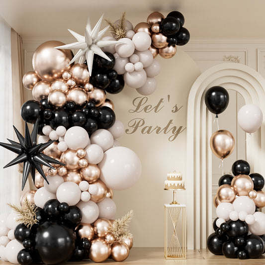 Adeyoo Black Gold White Balloon Arch Kit Garland - 125 Pcs Black and Gold Balloon Arch with Star Balloons Metallic Champagne White Balloons for Birthday Wedding Baby Showers Boho Party Decorations