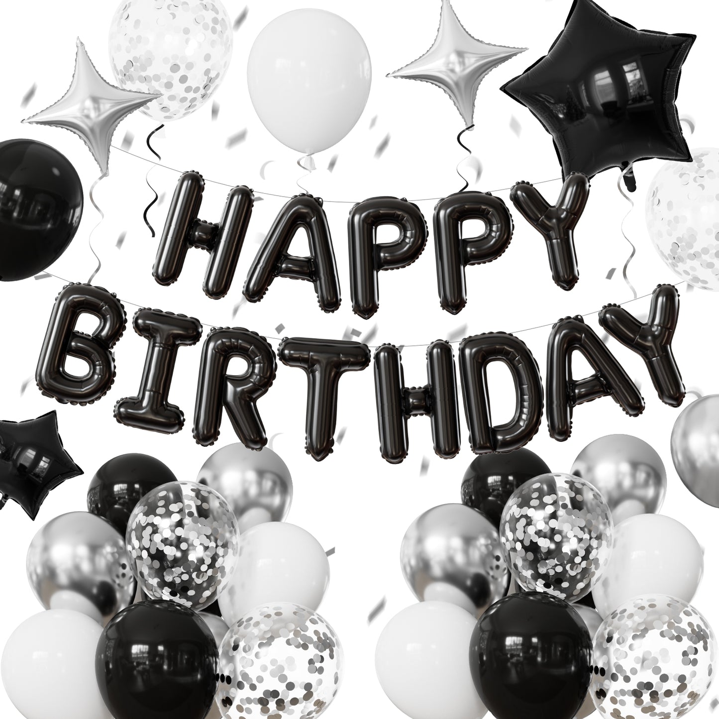 Black Happy Birthday Balloons - Happy Birthday Banner Balloons with Black White Silver Latex Confetti Balloon, Star Foil Balloon for Men Boys Birthdays Party Decorations, Photo Shoot Supplies