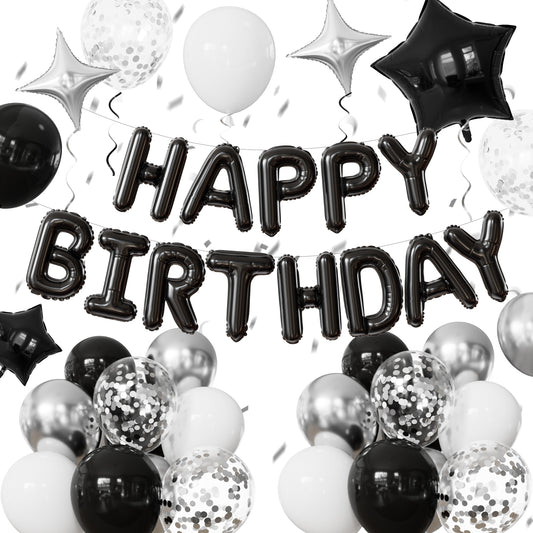Black Happy Birthday Balloons - Happy Birthday Banner Balloons with Black White Silver Latex Confetti Balloon, Star Foil Balloon for Men Boys Birthdays Party Decorations, Photo Shoot Supplies